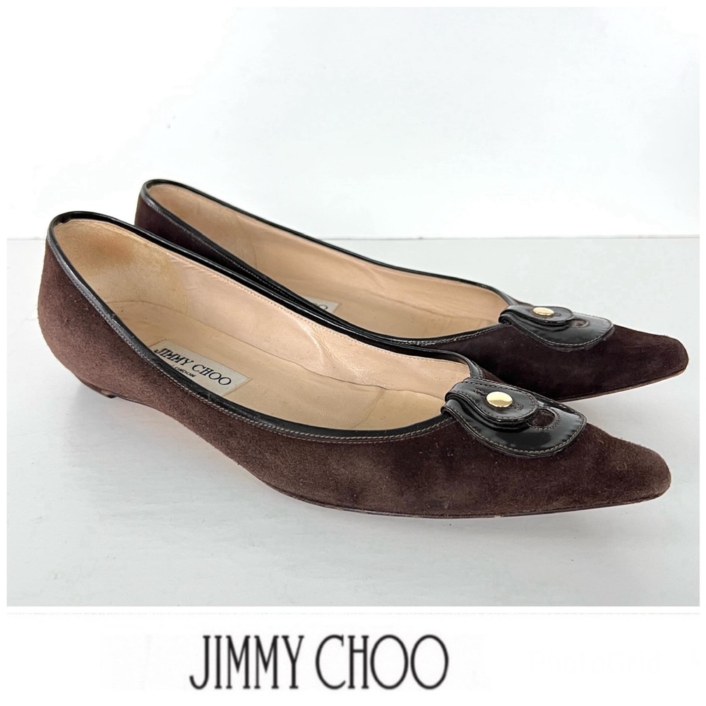 Jimmy Choo Dark Brown Flats with Black Glossy Trim